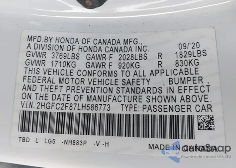 2020 Honda Civic Sport z USA, uszkodzony, nr VIN 2HGFC2F87LH586773